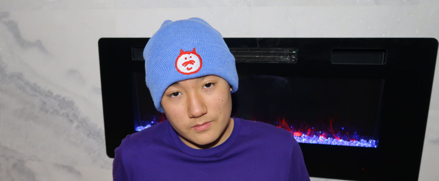Steven Hao wearing RedCat Embroidered Beanie Blue